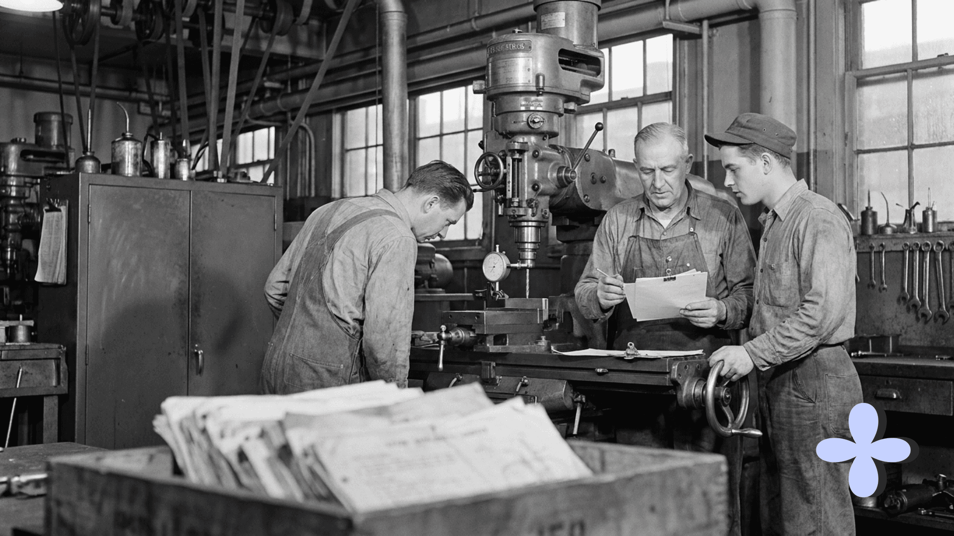 Machinists check a clipboard at a drill press in a factory.