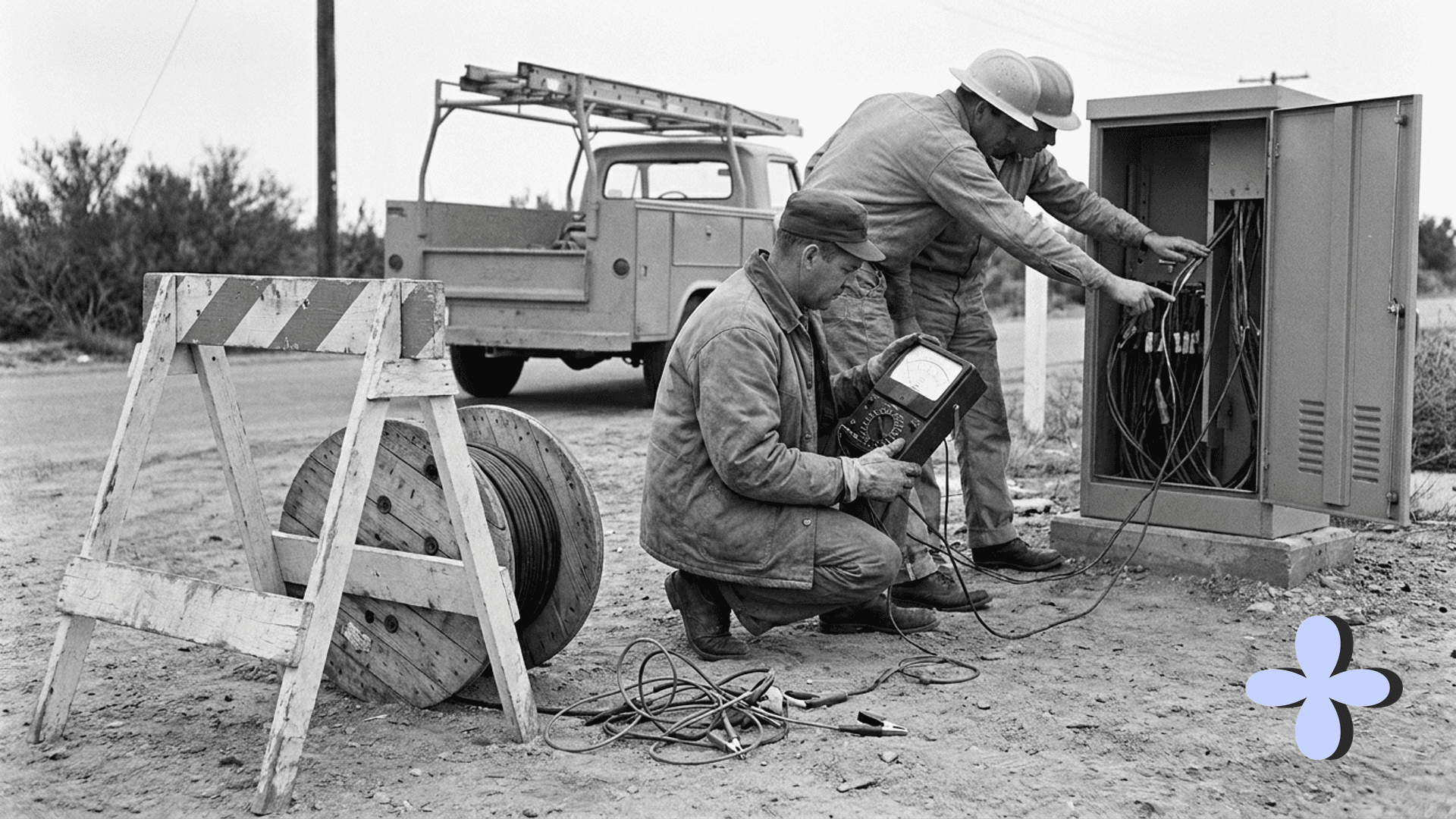 Line workers test an open electrical cabinet with a meter.