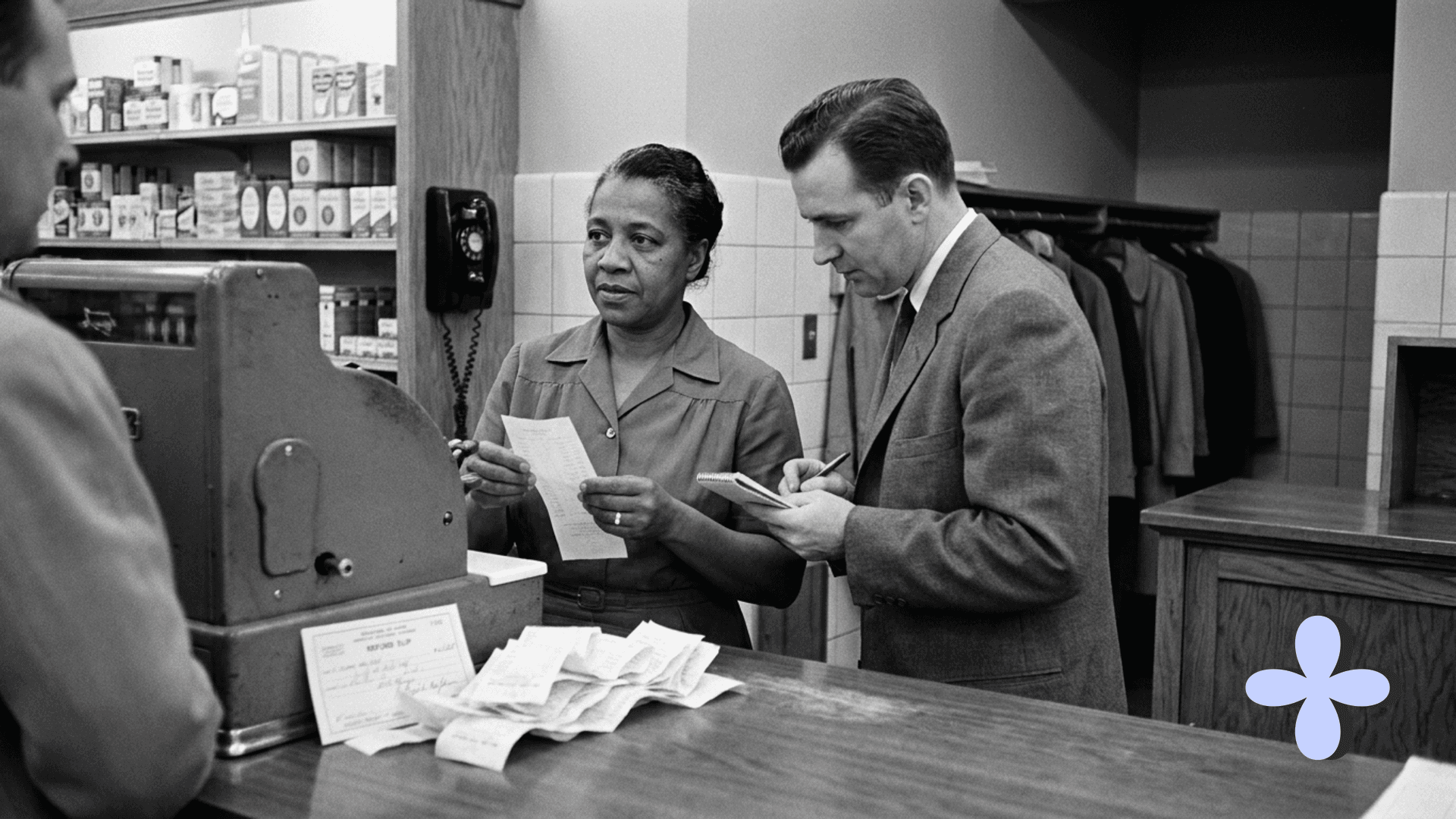 A shopkeeper and a customer compare a list and a notebook at the counter.