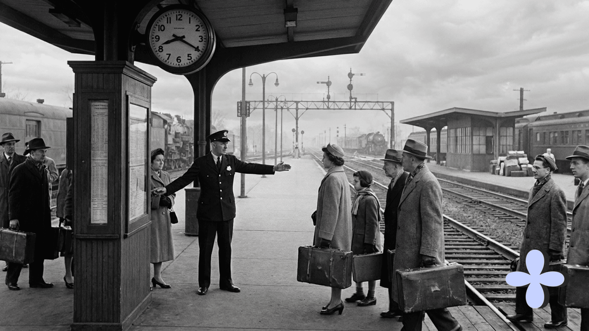 A conductor directs travelers with luggage along a station platform.