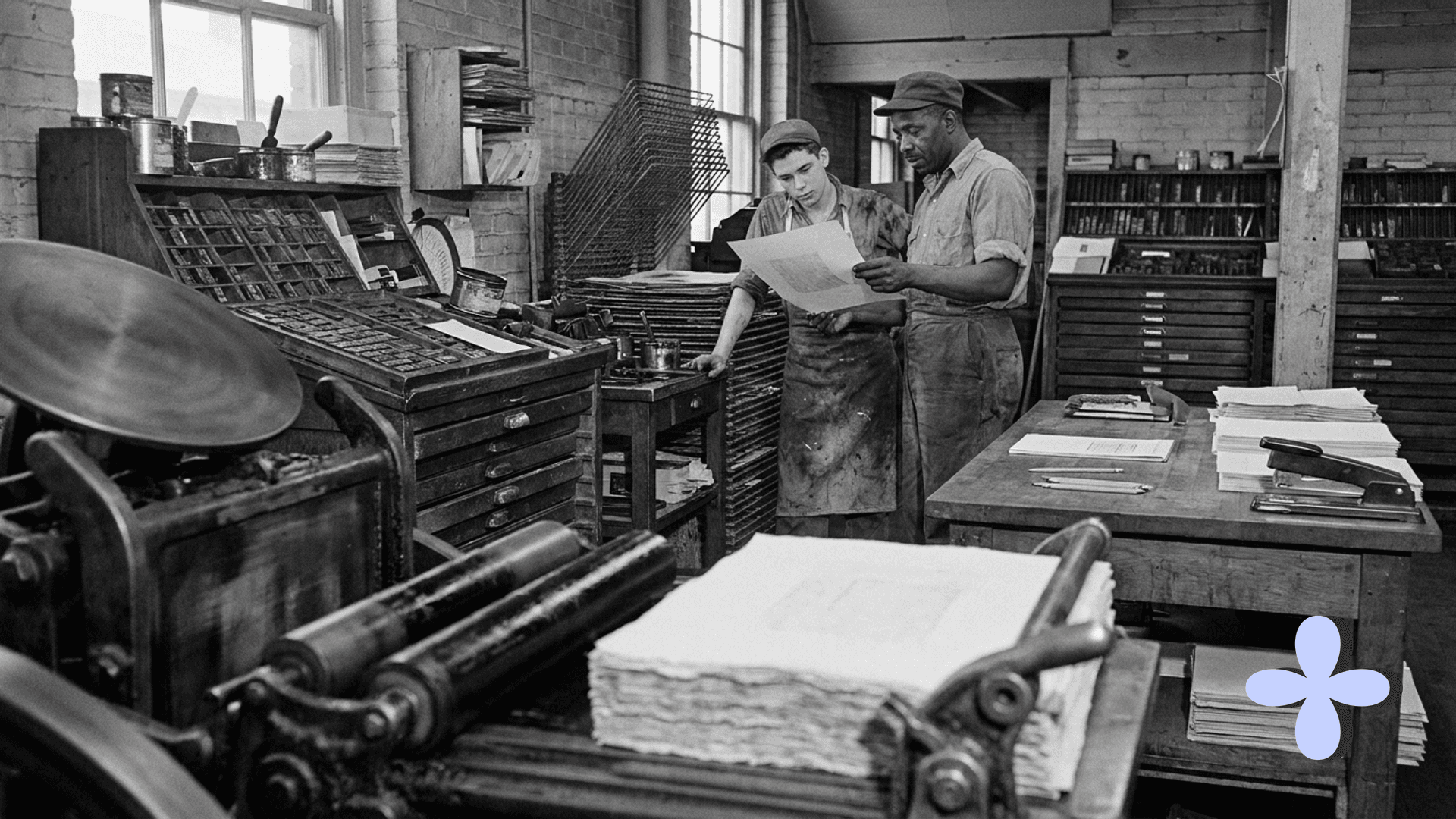 Two printers check a proof beside drawers of type and stacks of printed sheets.