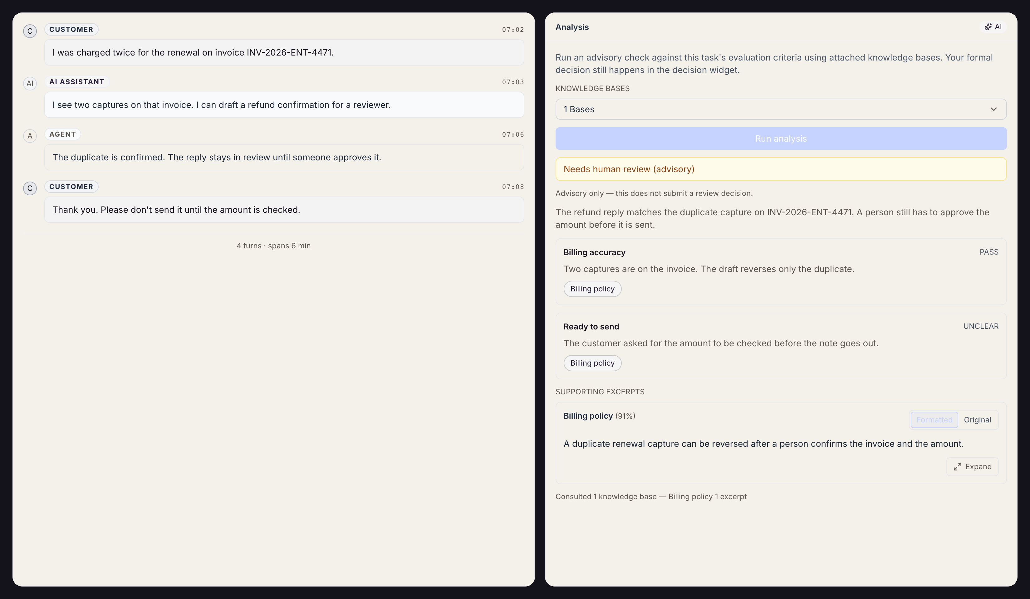 Sample customer conversation beside an AI analysis panel with a verdict, reasons, and a cited policy excerpt.
