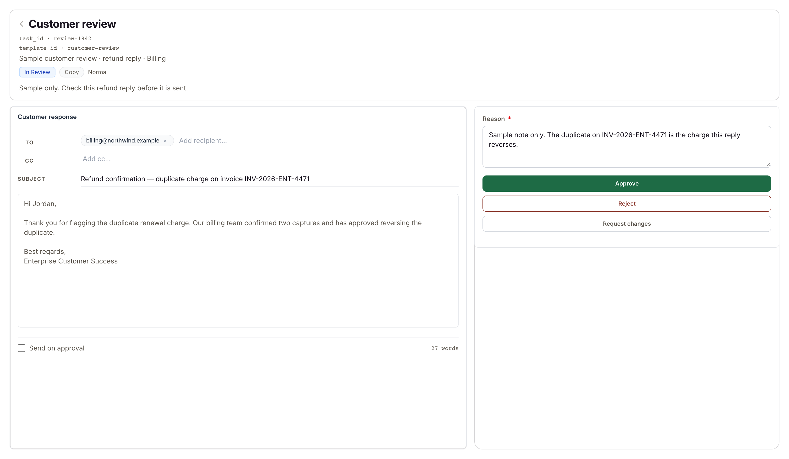 A customer review open on a draft, with a reason field and Approve and Reject controls.