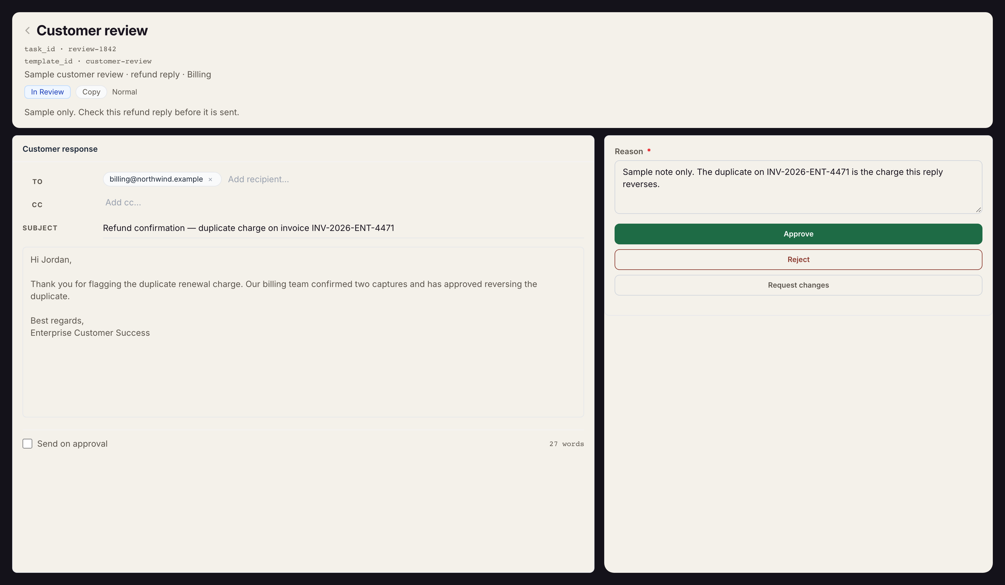 A customer review open on a draft, with a reason field and Approve and Reject controls.