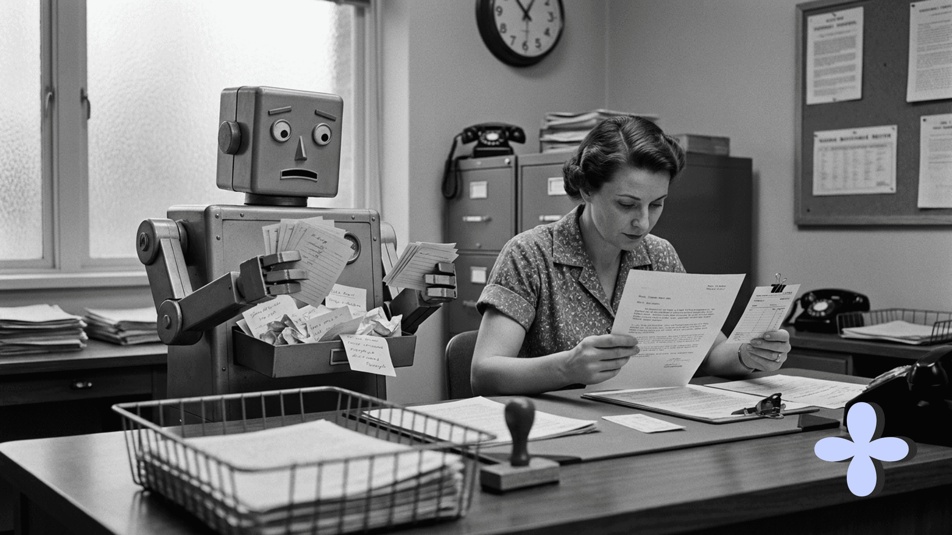 A clerk reads a letter while a small robot holds a stack of index cards.