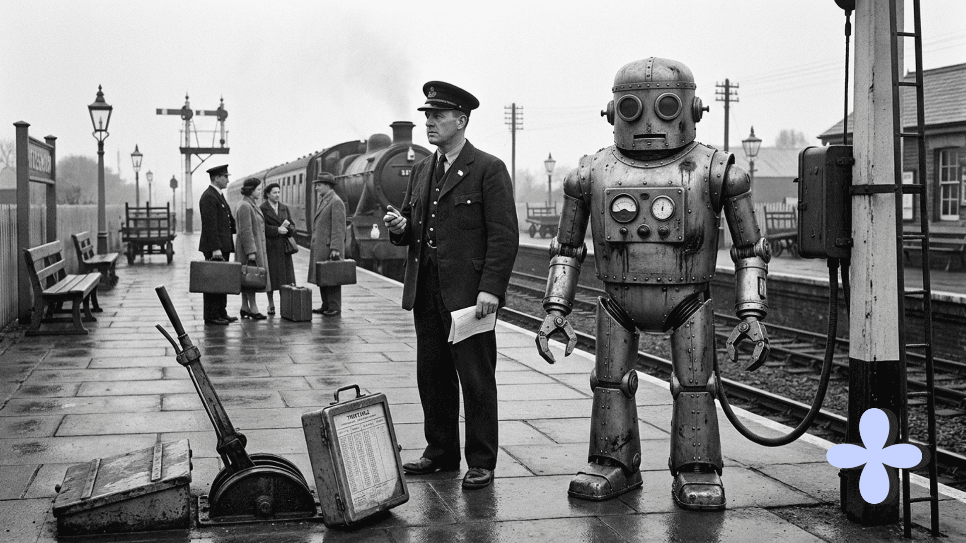 A station master with a written order stands next to a robot plugged into the platform.