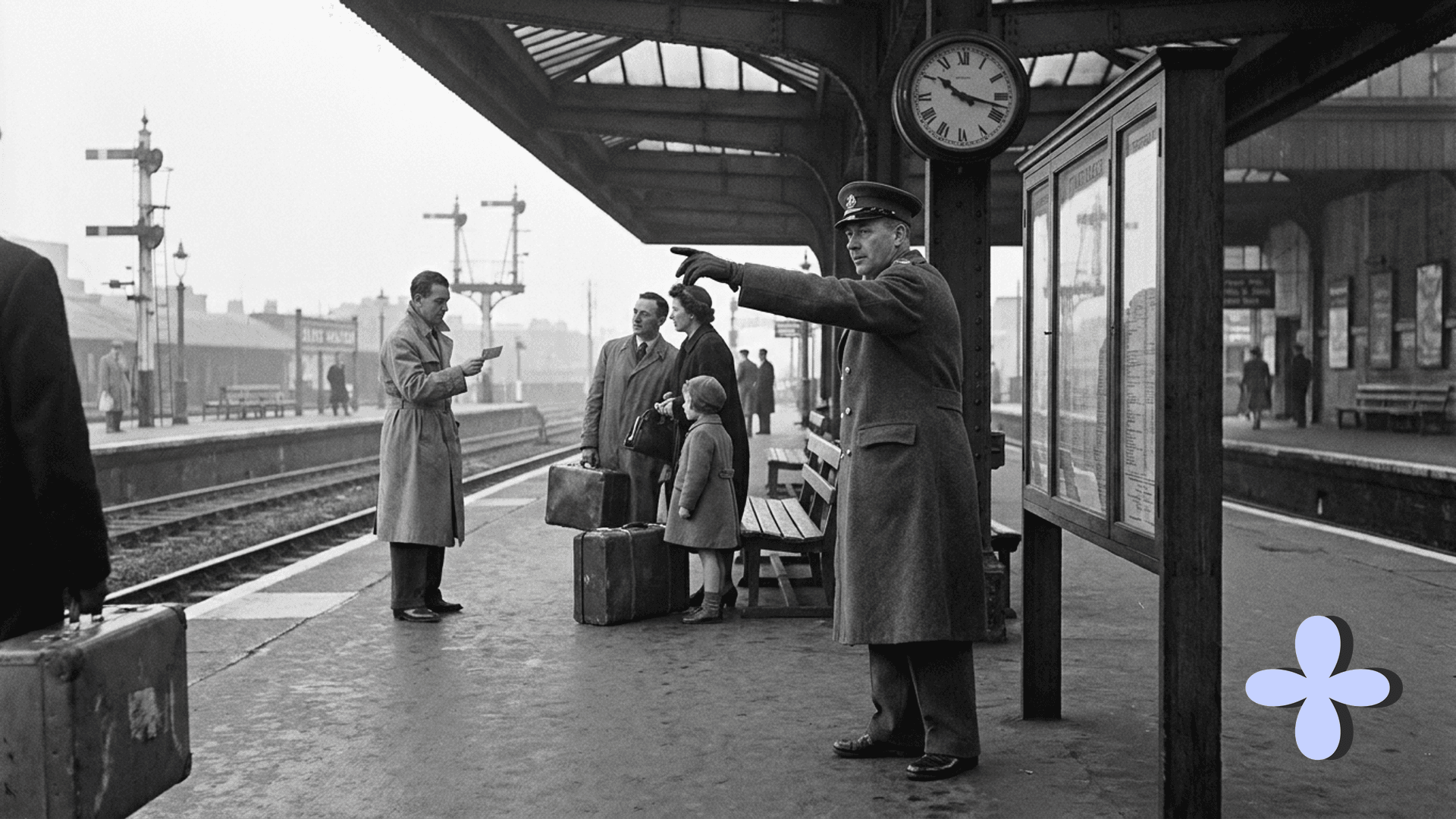A station guard points down the platform while a traveler reads his ticket.