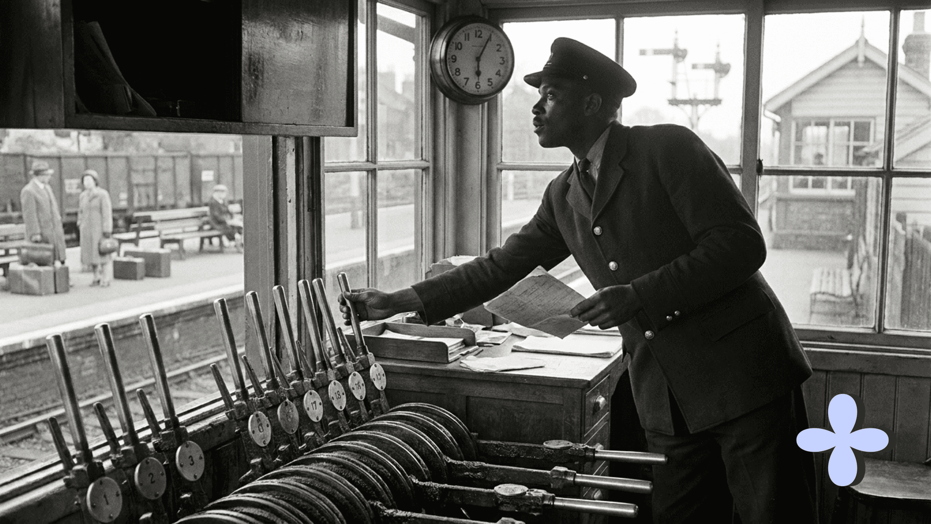 A signalman holds an order and rests a hand on one lever in a row of track levers.