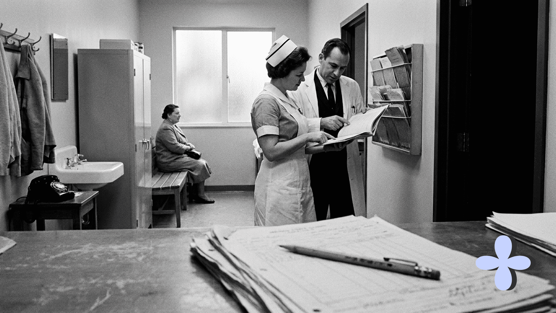 A nurse and a doctor read a chart together in a clinic.