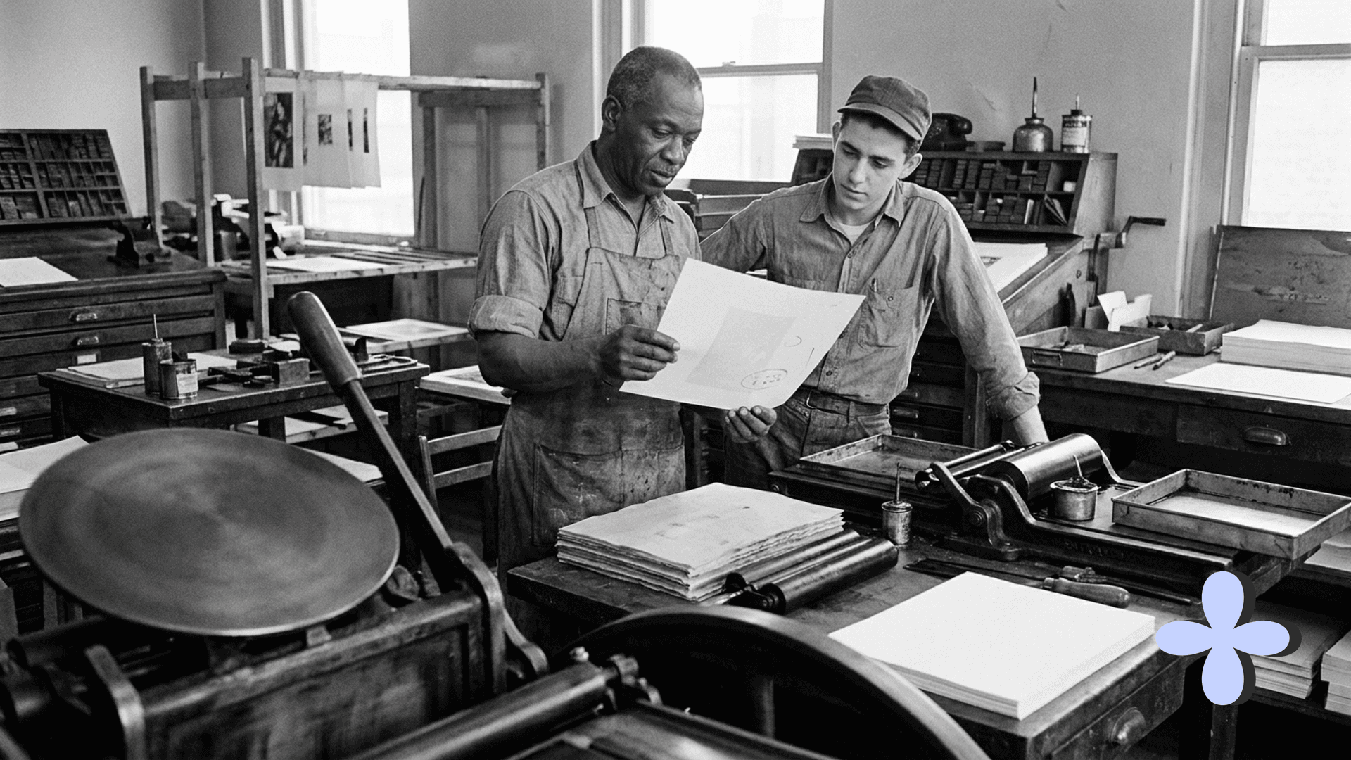A printer and an apprentice check a proof sheet at the press.