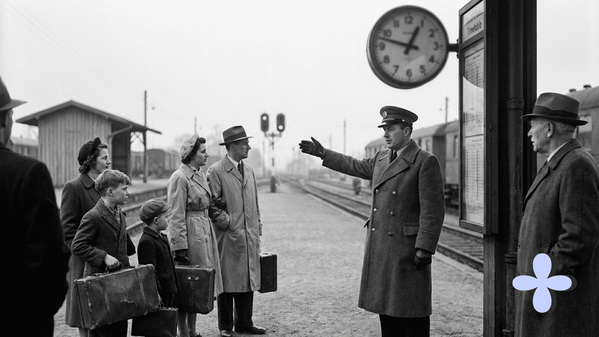 A station guard directs a family with luggage beside a posted timetable.